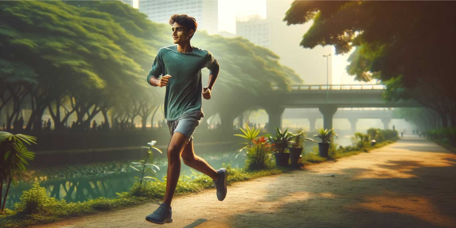 Young man jogging in a sunlit park, embodying adolescent fitness linked to reduced midlife health risks